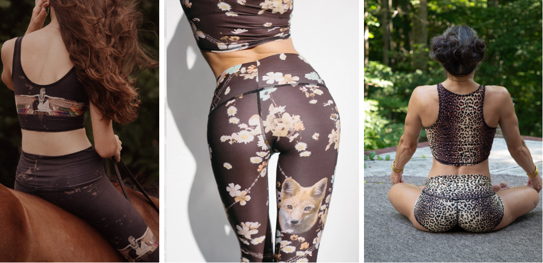 Three-panel collage showing women modeling matching activewear sets from the back: a dark brown floral sports bra and leggings set with a dog face print, a leopard-print sports bra and shorts set, and a dark brown floral set while sitting on a horse outdoors.